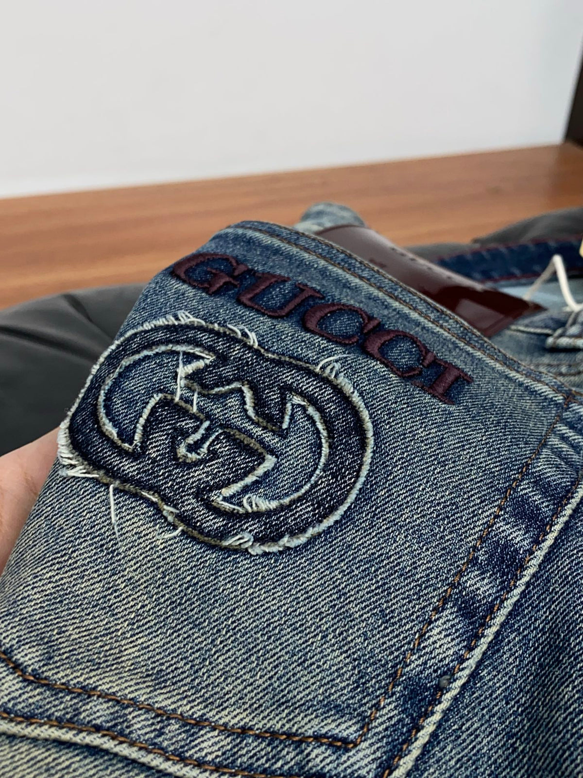 Vintage Faded Wash Mens Circular Motif Embroidered Pocket Denim Trousers R260529