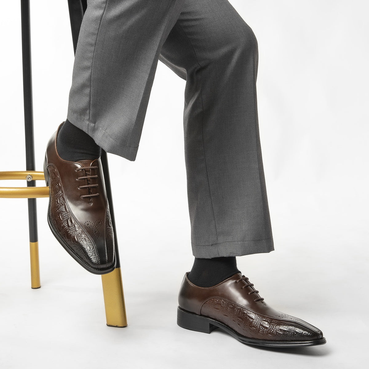 Croc Embossed Split Toe Oxford Shoes Lace-Up Formal Dress Shoes Y101160