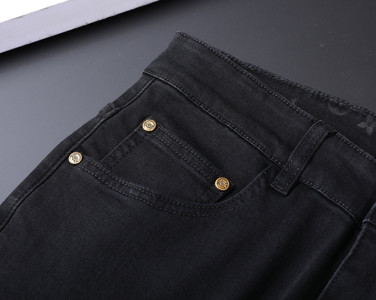 Solid Black Wash Embossed Monogram Jeans V260815