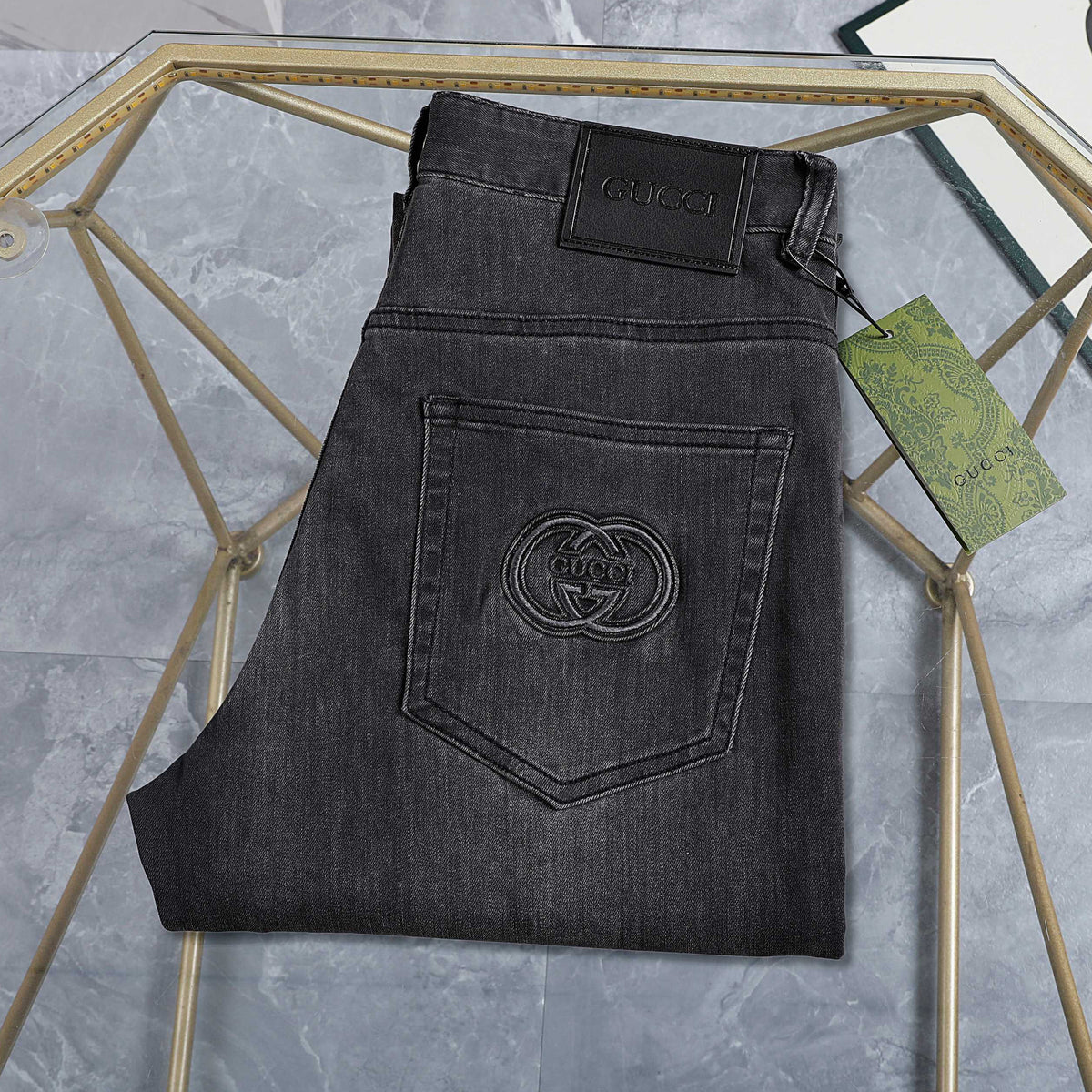 Dark Grey Wash Monogram Embroidery Slim Denim Jeans M260747