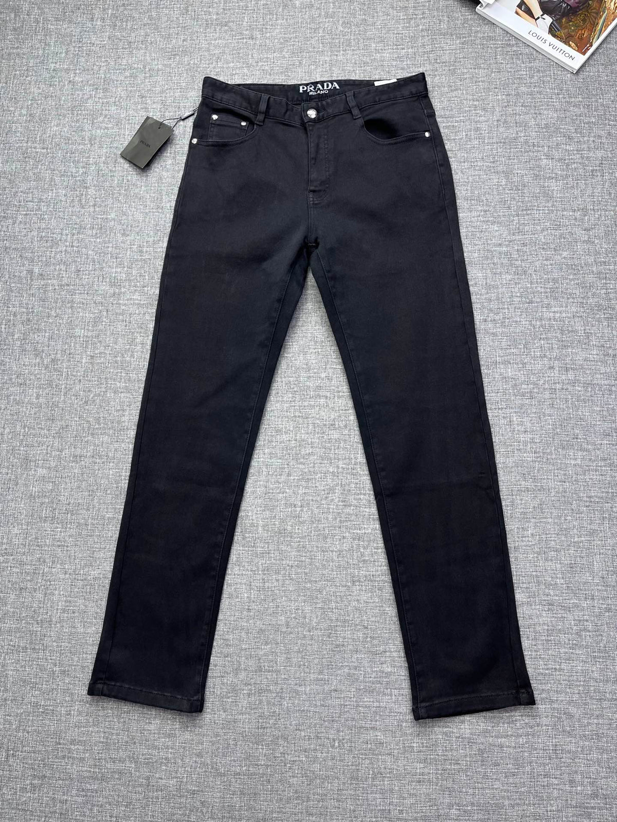 Solid Black Debossed Shield Motif Slim Denim M260716