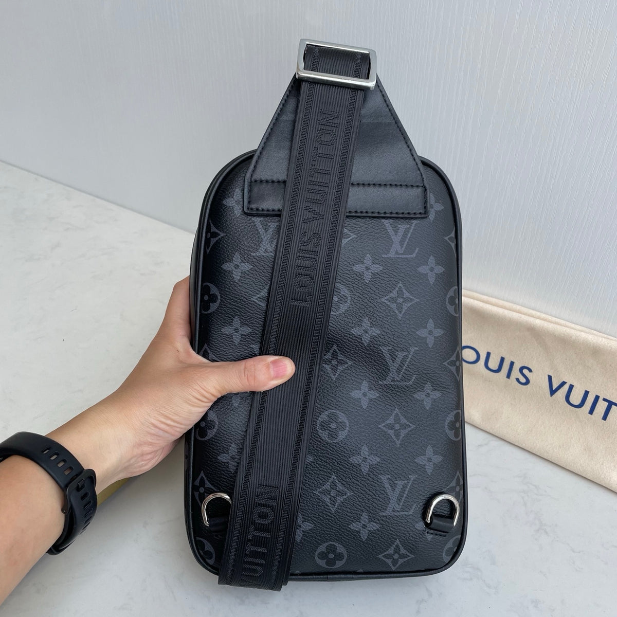 Printed Fabric Metal Logo Vertical Chest Sling Bag B101009