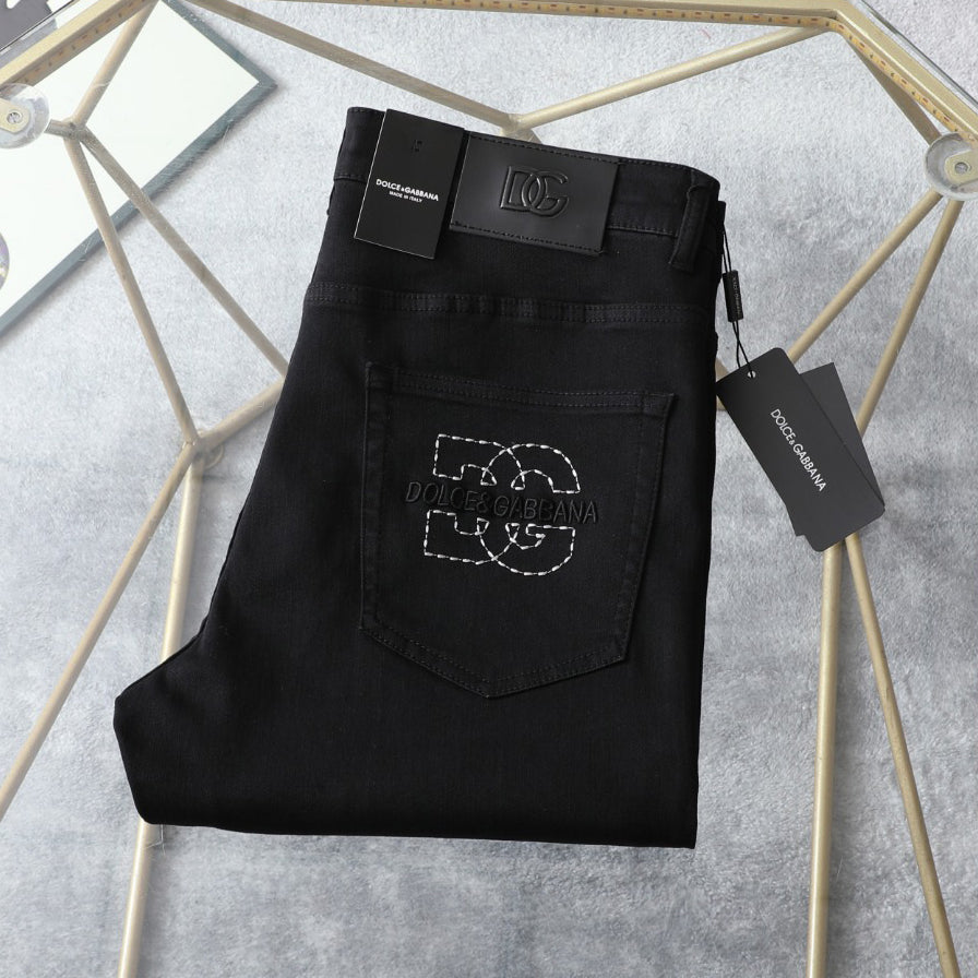 Solid Black Stitched Outline Monogram Slim Denim M260710