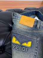 Vintage Faded Dark Wash Yellow Eye Appliqué Slim Jeans C261033