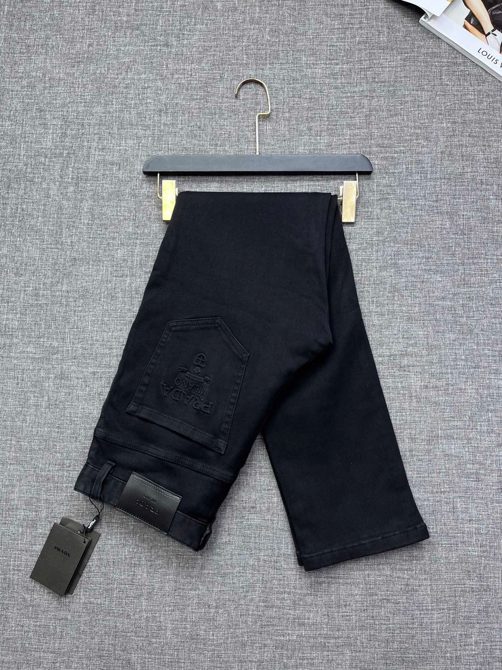 Solid Black Debossed Shield Motif Slim Denim M260716