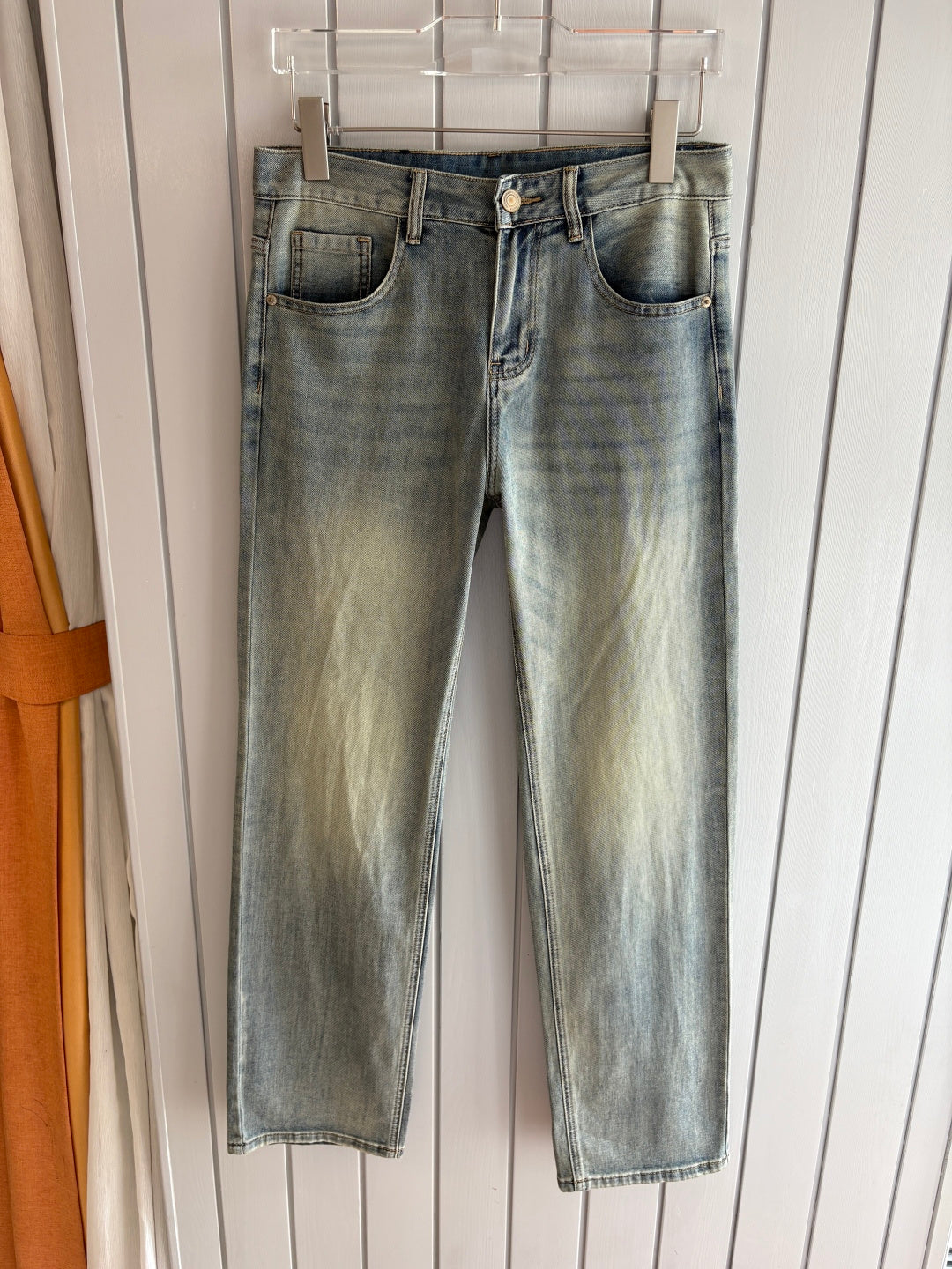 Light Faded Grey-Blue Metal V Emblem Slim Jeans C261041