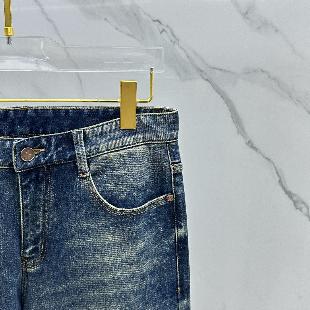 Dark Blue Vintage Triangle Graphic Print Slim Denim Jeans M260738