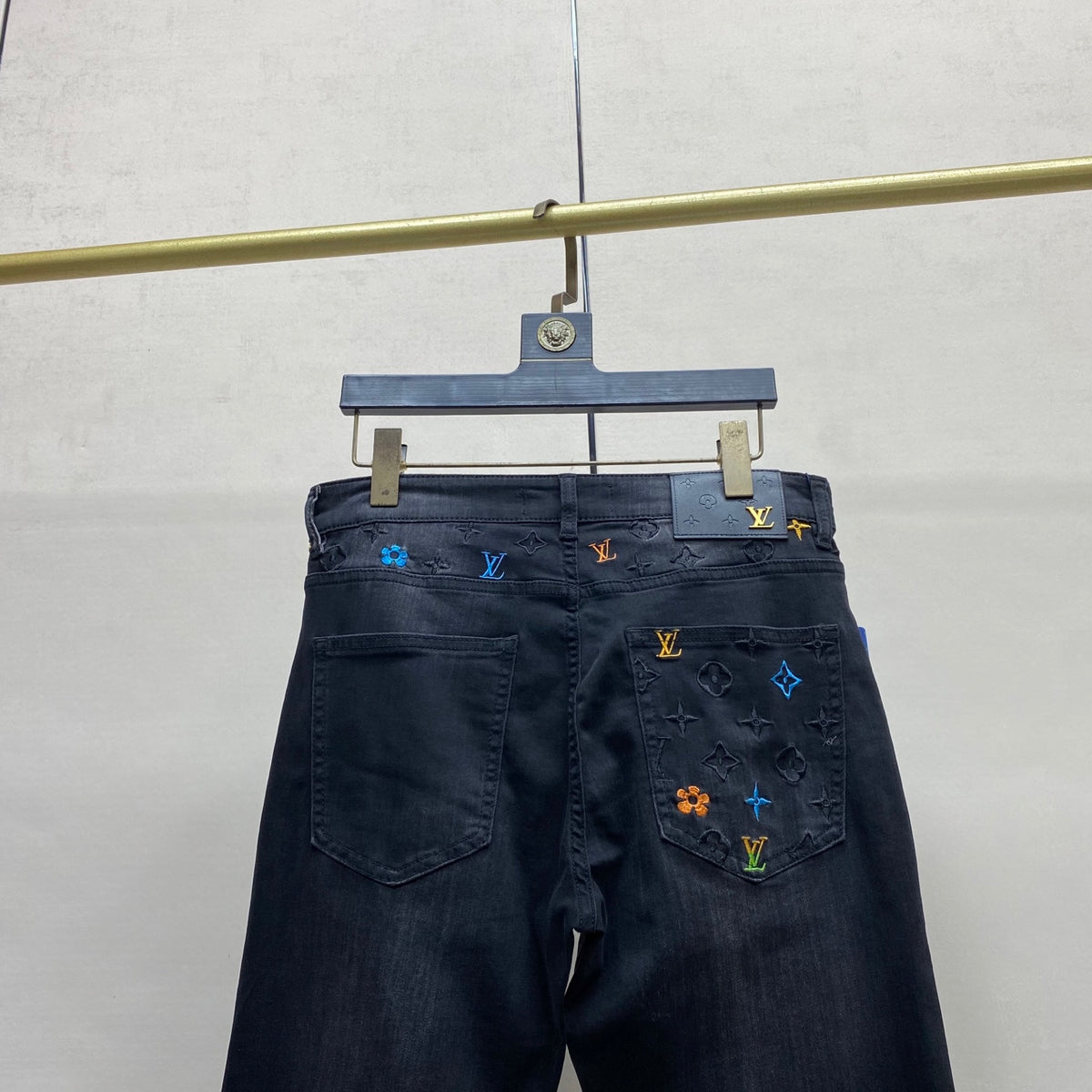Black Fade Multi-Tone Monogram Embroidery Jeans V260807