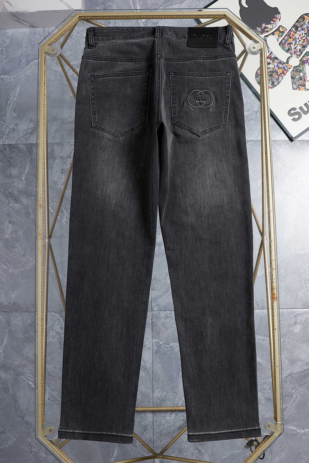 Dark Grey Wash Monogram Embroidery Slim Denim Jeans M260747