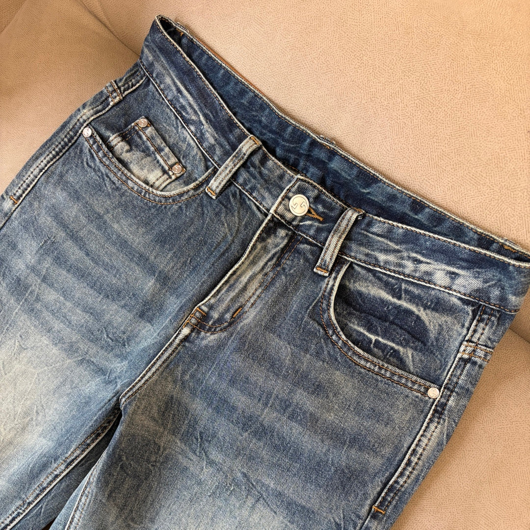 Blue Vintage Faded Wash Mens Printed Pocket Denim Trousers R260511