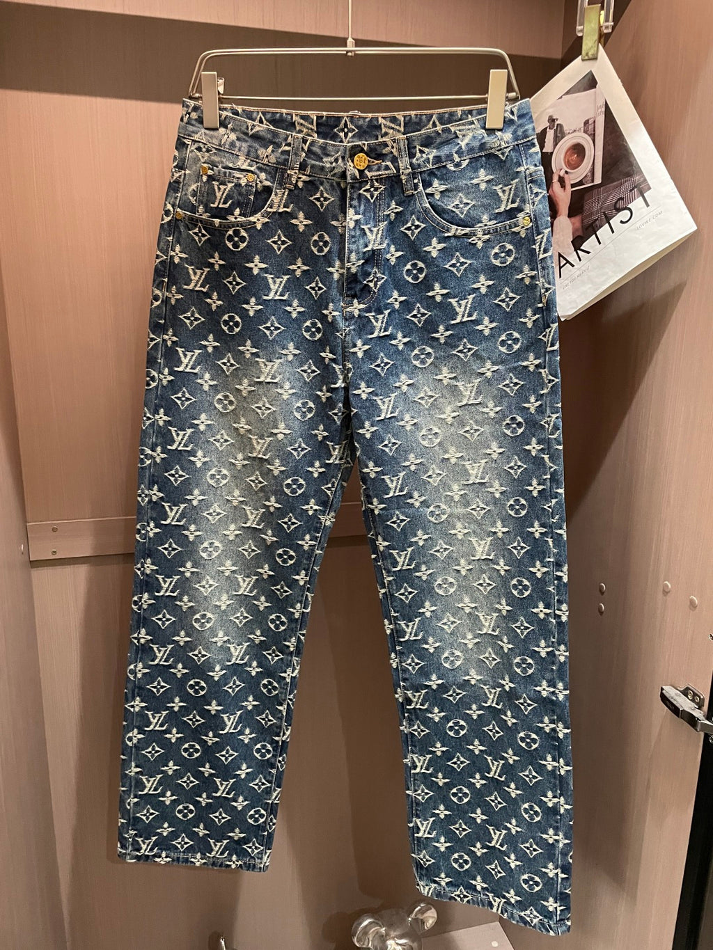 Vintage Washed Full Jacquard Pattern Wide Leg Denim Pants R260505