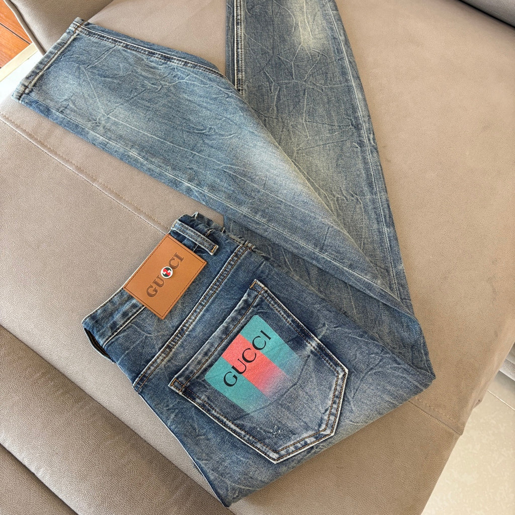 Blue Vintage Faded Wash Mens Printed Pocket Denim Trousers R260511