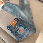 Blue Vintage Faded Wash Mens Printed Pocket Denim Trousers R260511