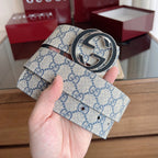 Beige Base Blue Interlocking Pattern Belt With Two-Tone Circle Buckle E020807