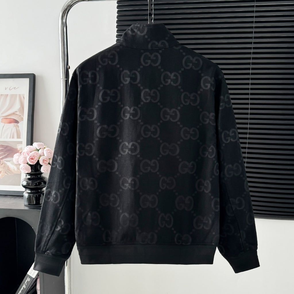 Full Monogram Stand Collar Zip Jacket Retro Pattern Bomber Coat N050501
