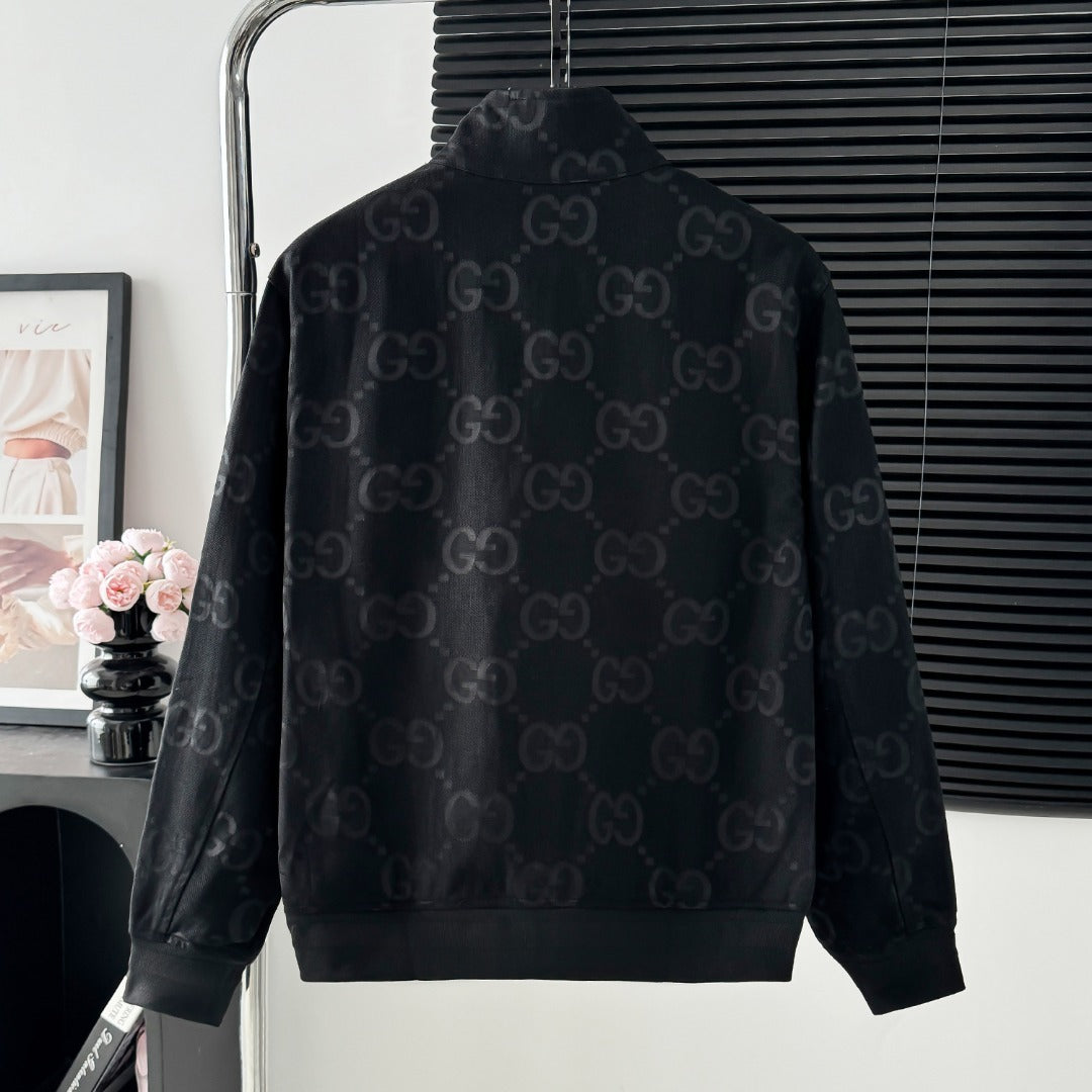 Full Monogram Stand Collar Zip Jacket Retro Pattern Bomber Coat N050501