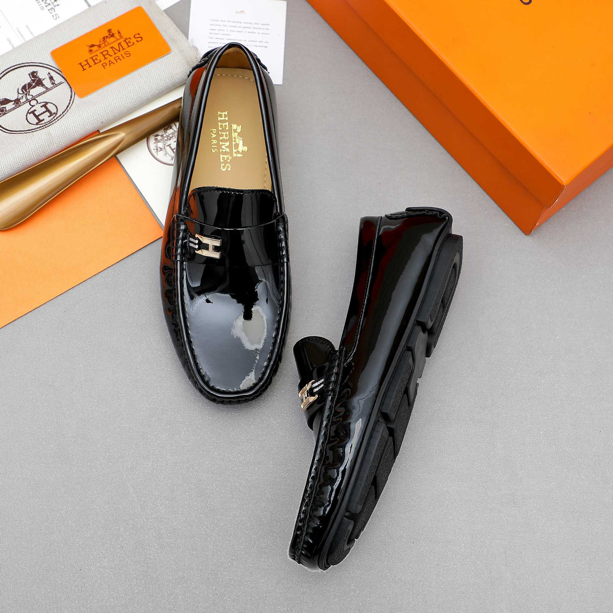 Men's Patent Gloss H Metal Buckle Slip-On Loafers NE190142