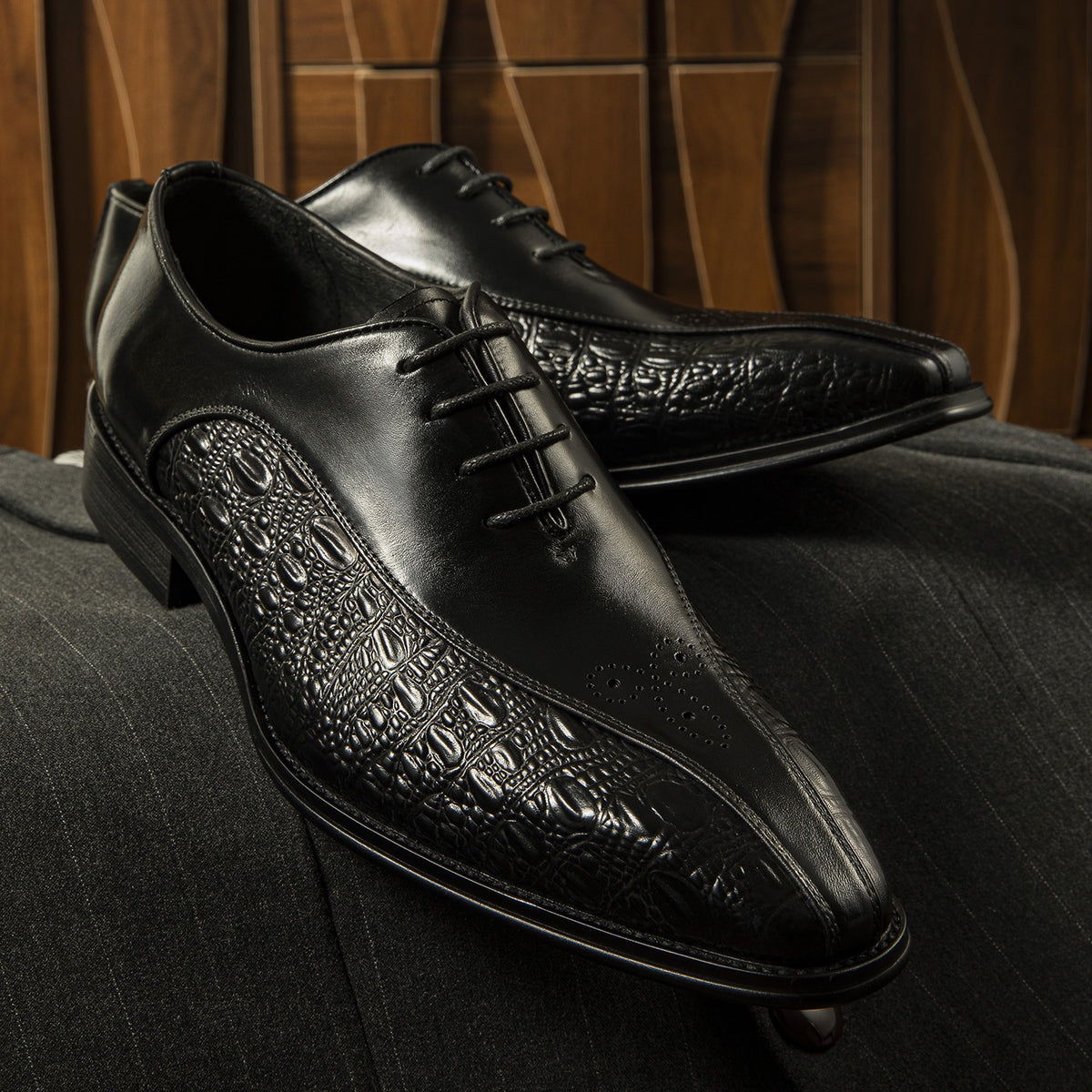 Croc Embossed Split Toe Oxford Shoes Lace-Up Formal Dress Shoes Y101160