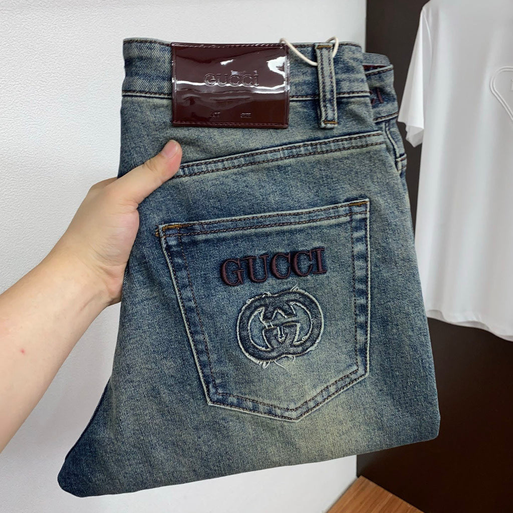 Vintage Faded Wash Mens Circular Motif Embroidered Pocket Denim Trousers R260529