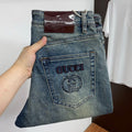 Vintage Faded Wash Mens Circular Motif Embroidered Pocket Denim Trousers R260529