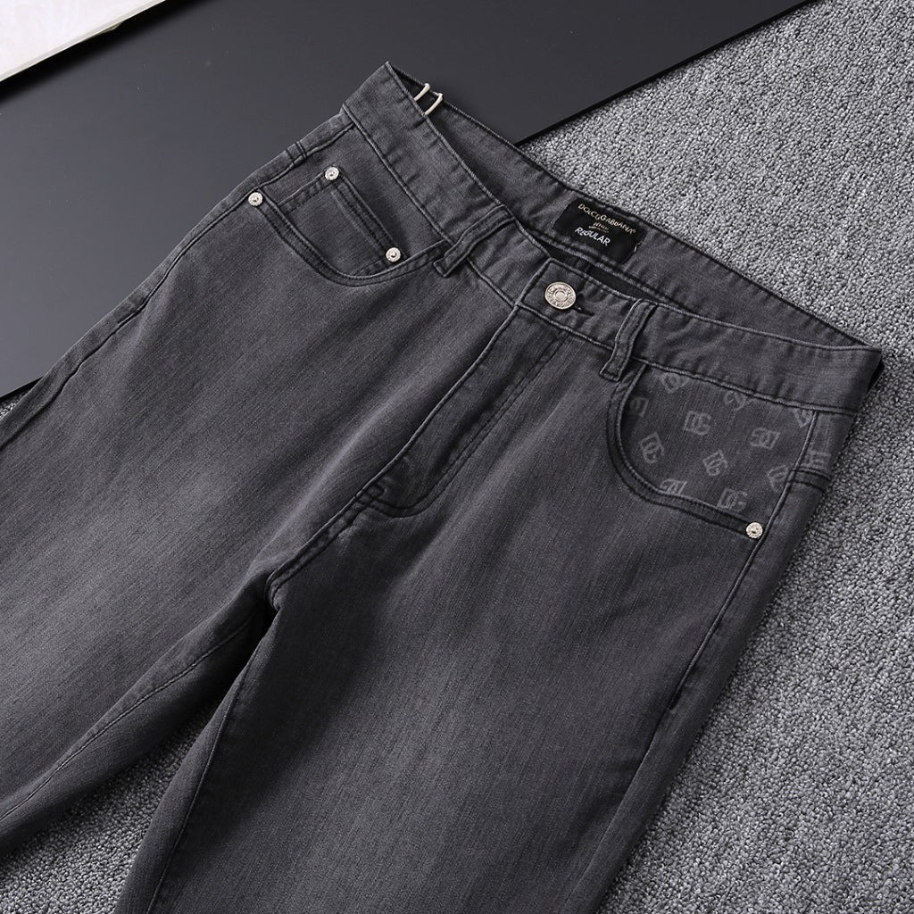 Grey Washed Mens Letter Print Pocket Denim Trousers R260526