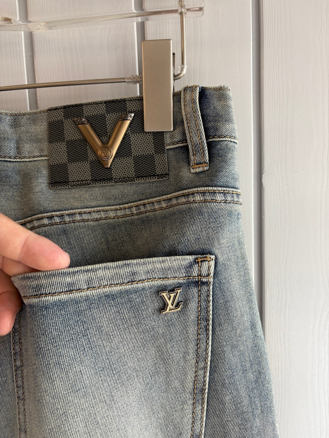 Light Faded Grey-Blue Metal V Emblem Slim Jeans C261041