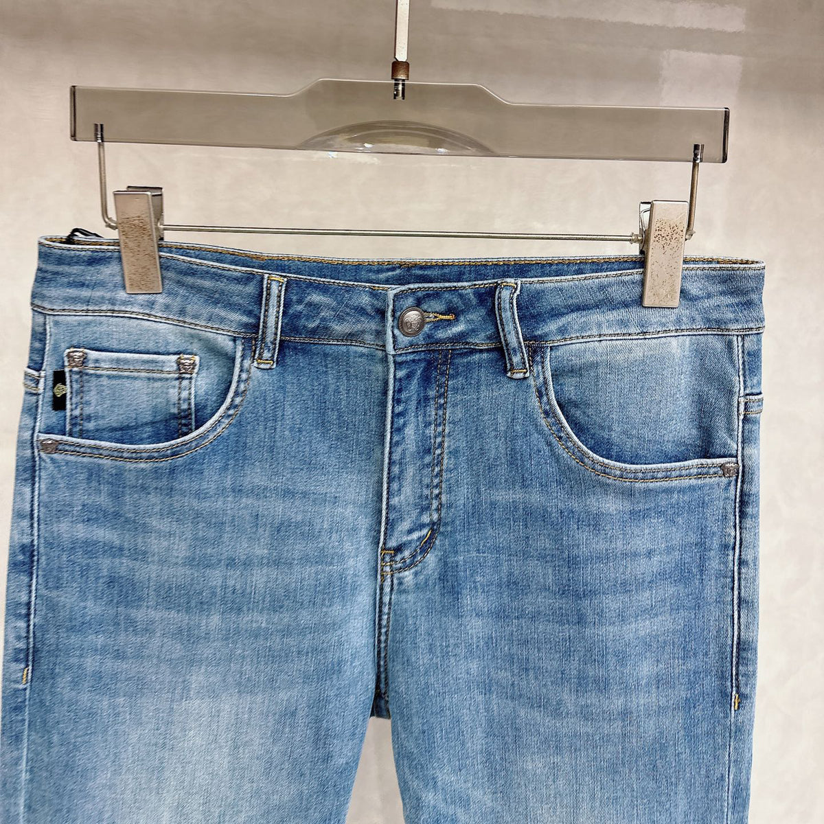 Pale Washed Denim Pants With Dual Portrait Graphic On Back Pocket R260506