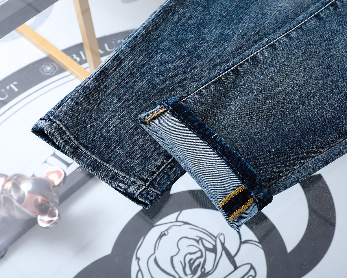 Dark Vintage Fade Check Print Knight Logo Jeans V260810